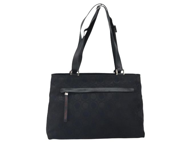 Salvatore Ferragamo Borsa Tote Gancini in Nylon Nero Argento Auth gh1671 - vista 13
