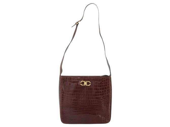 Borsa a spalla Gancini Salvatore Ferragamo in pelle embossata Marrone Oro Auth 162573 D'oro - vista 13