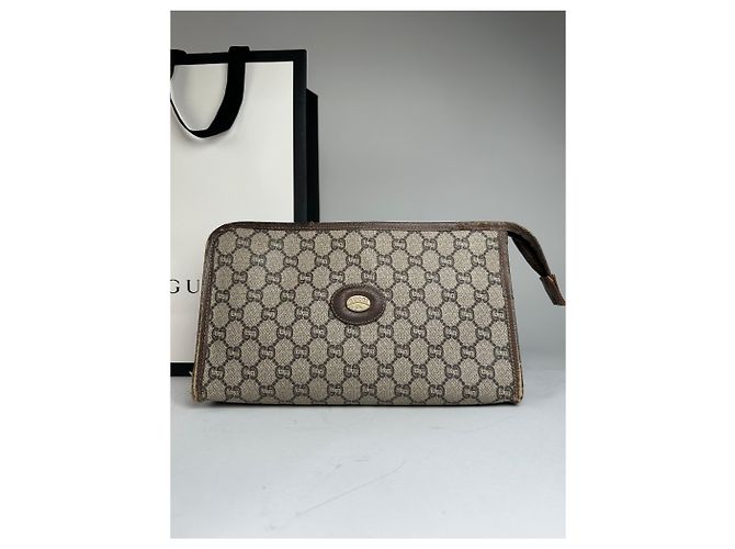 Clutch in pelle vintage Gucci grigio marrone - vista 10