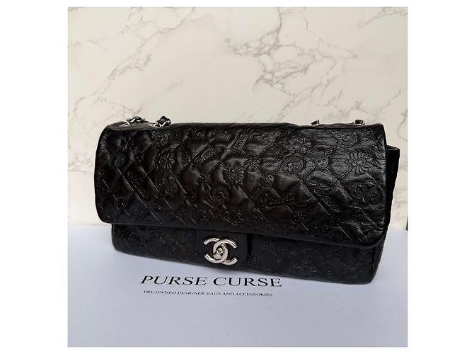 Timeless Chanel jumbo em couro de bezerro estampado símbolos da sorte Preto - vista 18