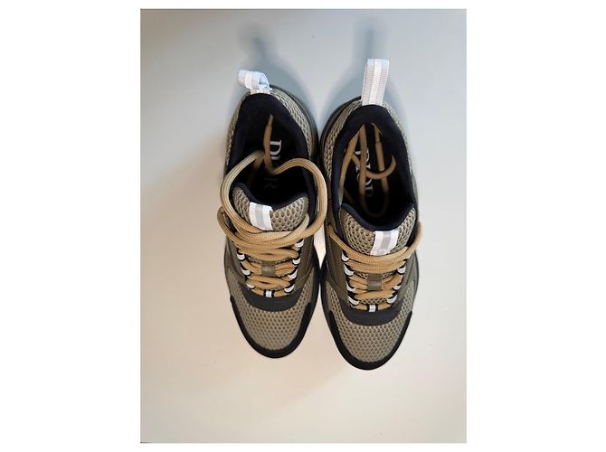 Sneakers Dior B23 in Tela Tecnica e Pelle di Vitello Khaki Nero Cachi - vista 3