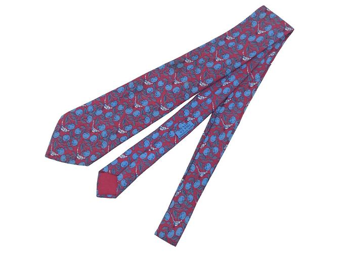 Cravatta in seta Hermès 7068TA Frutti e Uccelli Marrone Blu Bordò - vista 2