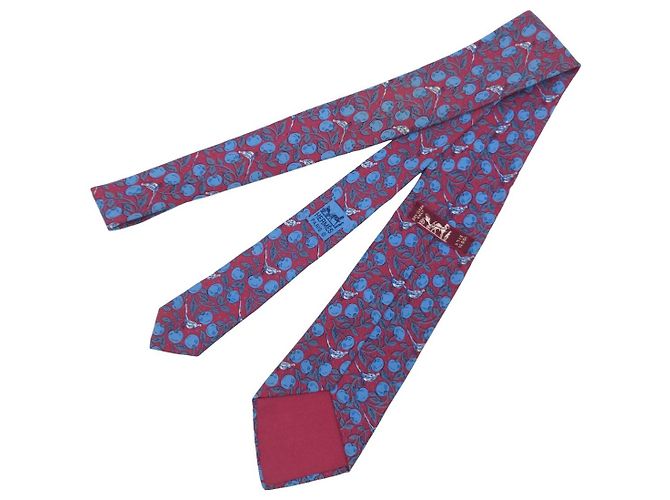 Cravatta in seta Hermès 7068TA Frutti e Uccelli Marrone Blu Bordò - vista 3