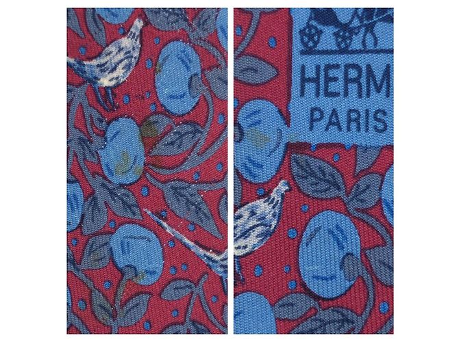 Cravatta in seta Hermès 7068TA Frutti e Uccelli Marrone Blu Bordò - vista 6