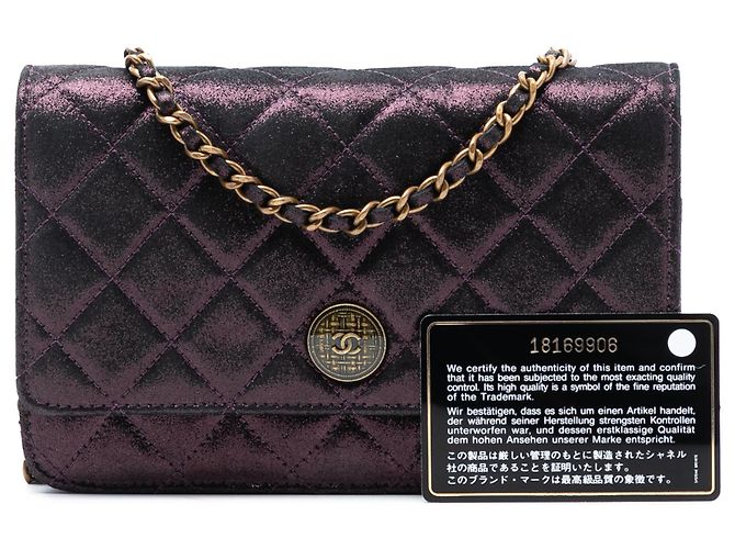 Wallet On Chain Cartera de cadena de cordero acolchado iridiscente púrpura con tartán de Chanel - vista 8