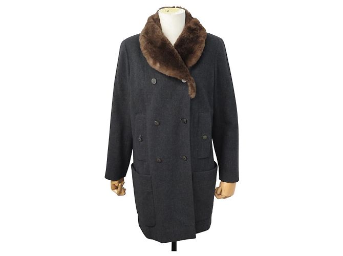 NUEVO ABRIGO CHANEL DE DOBLE BOTONADURA M 38 PIEL DE CONEJO CACHEMIRA Gris antracita - vista 4