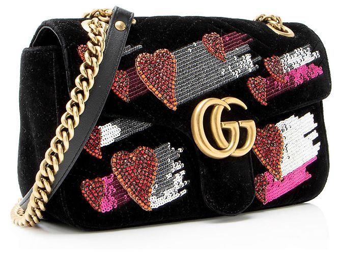 Borsa a tracolla media GG Marmont in velluto decorata con cuori Gucci Nero - vista 2