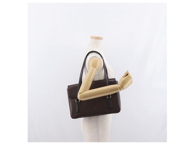 Burberry Bolsa de mão de couro marrom com detalhes em prata Auth BA9916 - vista 23