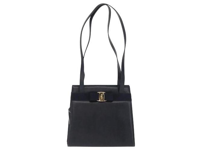 Bolsa de Ombro Vala Ribbon em Couro Azul Marinho e Ouro Auth 170410 da Salvatore Ferragamo Dourado - vista 2