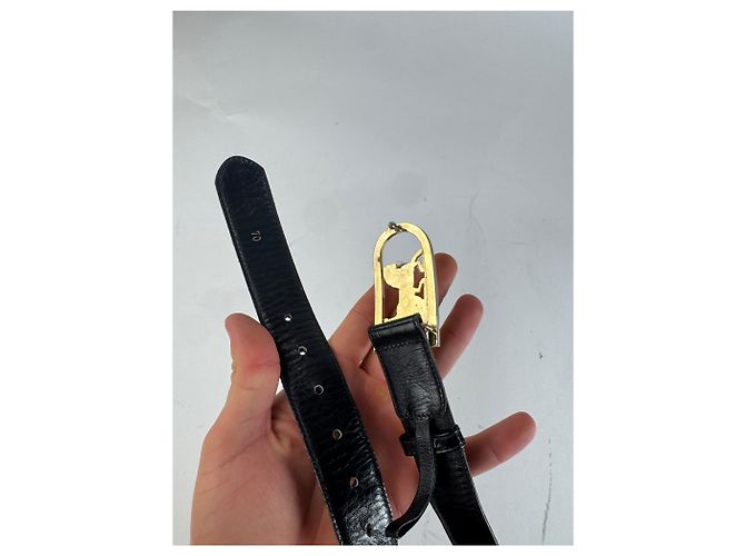 Céline Schwarzer Leder-Gürtel mit Vintage Celine Paris Wagenlogo - Ansicht 4