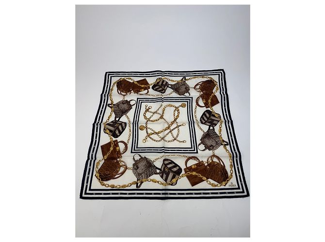 Sciarpa Astratta Vintage Fendi Bianca Nera Marrone Multicolore - vista 9
