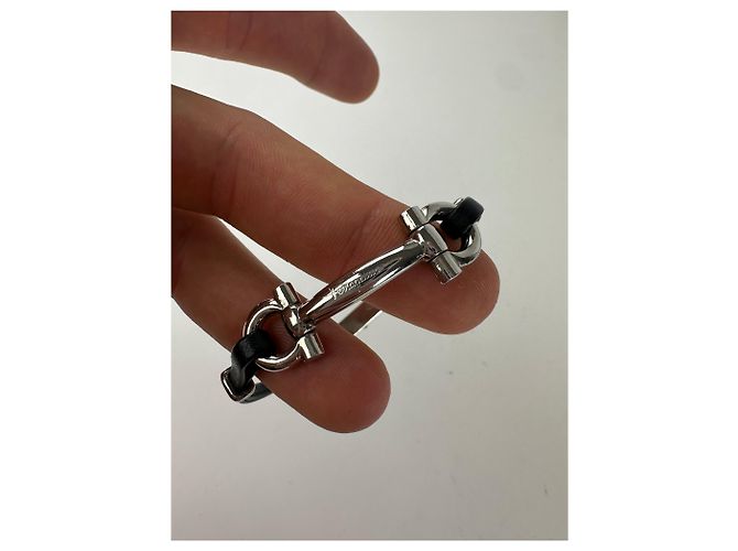 Bracciale in pelle vintage Salvatore Ferragamo in acciaio nero e argento - vista 2