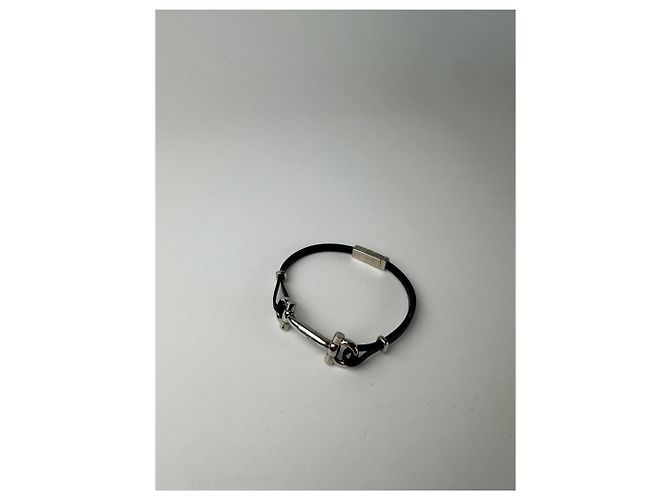 Bracciale in pelle vintage Salvatore Ferragamo in acciaio nero e argento - vista 6