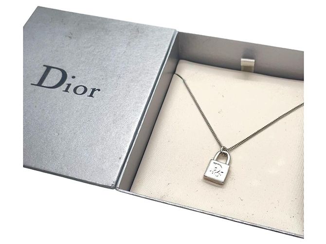Collana a catena vintage con lucchetto in argento logo Christian Dior - vista 2