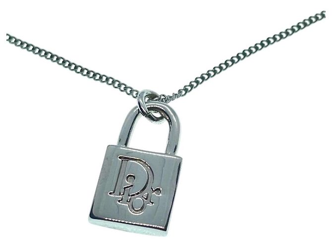 Collana a catena vintage con lucchetto in argento logo Christian Dior - vista 4