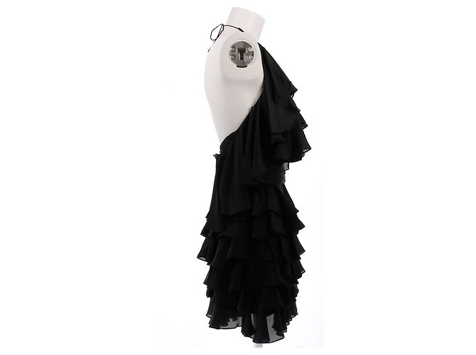 Balmain Schwarzes Seidenkleid mit Rüschen - Ansicht 3