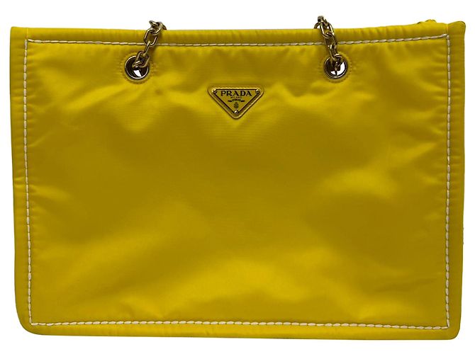 Borsa Tote Prada Giallo Tessuto in nylon giallo con catena Cammello - vista 5