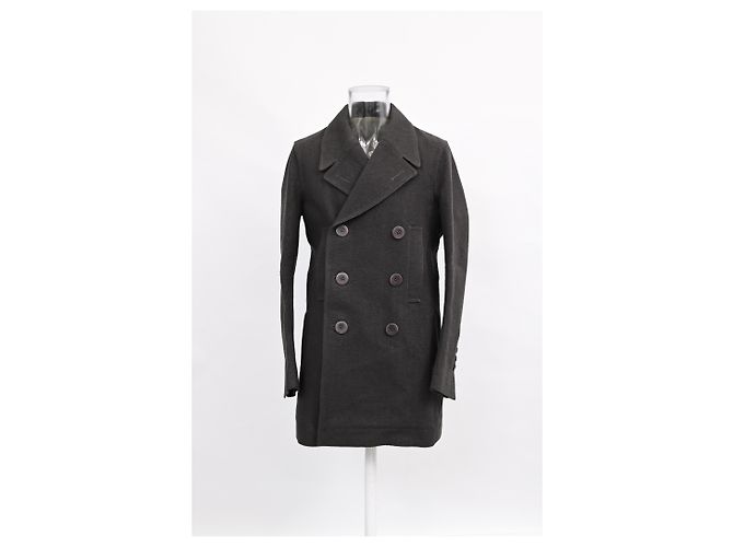 Rick Owens Double-Breasted Peacoat in Dark Grey Wool - view 2