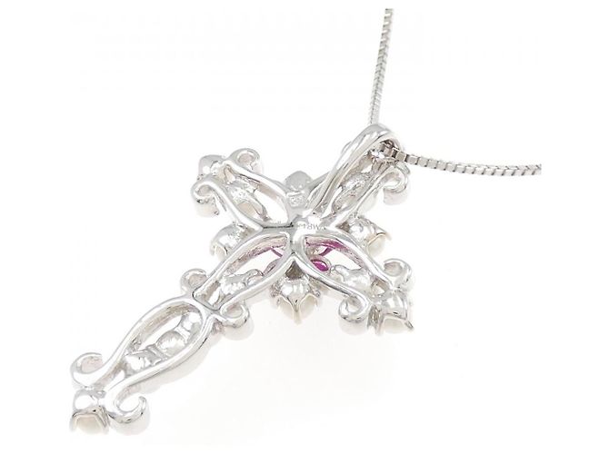 Autre Marque Collana in perle d'acqua dolce con croce in oro bianco Au750 e fiore in rubino Argento - vista 4