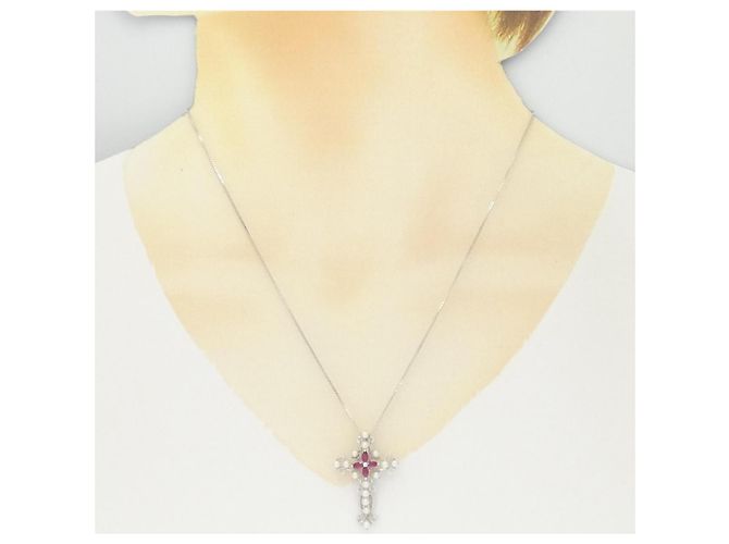 Autre Marque Collana in perle d'acqua dolce con croce in oro bianco Au750 e fiore in rubino Argento - vista 6