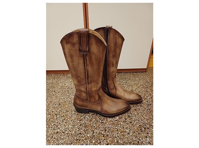 Autre Marque Botas altas de cuero marrón con cremallera lateral Castaño - vista 4