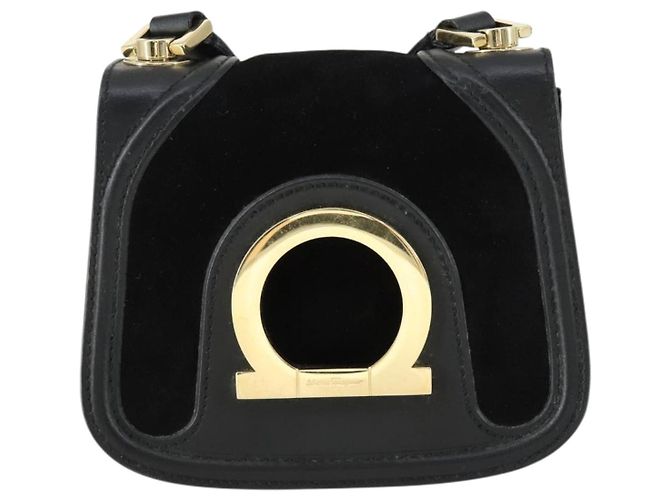 Borsa a Spalla Gancini in Pelle Scamosciata Nera e Oro Salvatore Ferragamo Auth 163457 Nero D'oro - vista 2