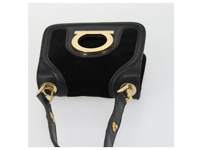 Borsa a Spalla Gancini in Pelle Scamosciata Nera e Oro Salvatore Ferragamo Auth 163457 Nero D'oro - vista 6