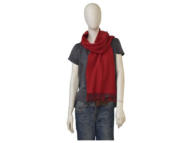 Céline Sciarpa in cashmere e lana rossa vintage Celine con frange, lunga sciarpa foulard. Bordò - vista 8