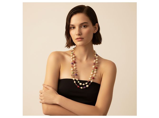 Collana multicolore a catena extra lunga Chanel 11P con hardware dorato Rosa D'oro Porpora Verde chiaro - vista 6