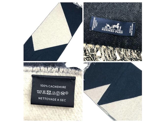 Stola in cashmere Hermès in grigio chiaro e blu navy - vista 3