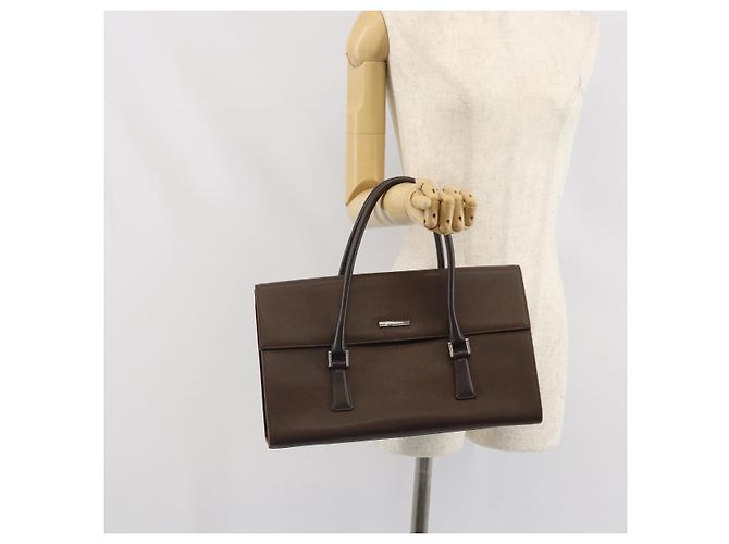 Burberry Bolsa de mão de couro marrom com detalhes em prata Auth ep13146 - vista 24