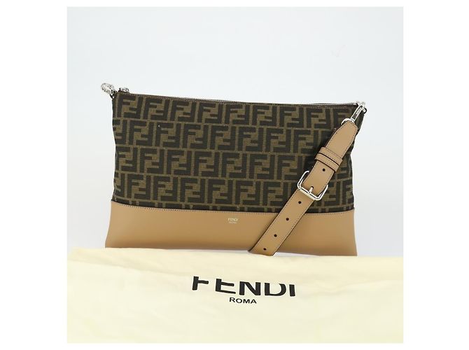 Bolsa de Ombro em Lona Zucca FENDI Preto Marrom Prata Auth SW2121SAM - vista 12