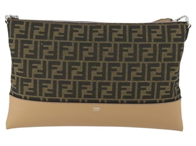 Bolsa de Ombro em Lona Zucca FENDI Preto Marrom Prata Auth SW2121SAM - vista 13
