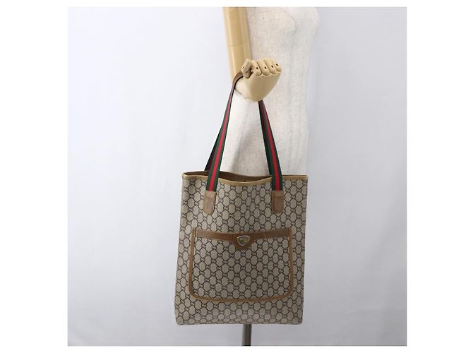 Borsa tote Gucci GG Plus Supreme Web Sherry Line in PVC beige e oro Auth ep13260 D'oro - vista 20