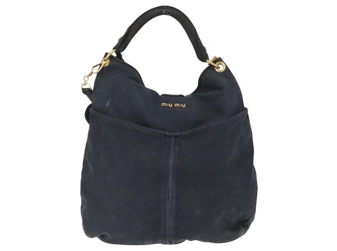 Borsa a Spalla Miu Miu Canvas 2way Blu Navy Oro Auth 168005 D'oro - vista 2