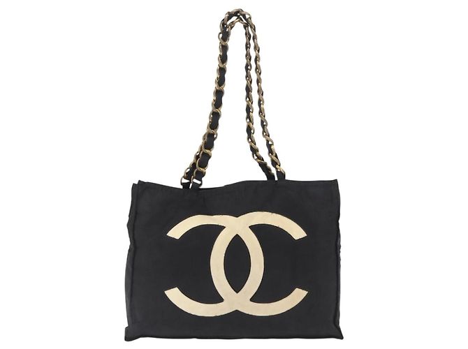 CHANEL COCO Borsa Tote a Catena Nylon Nero Oro CC Auth 165069 D'oro - vista 13