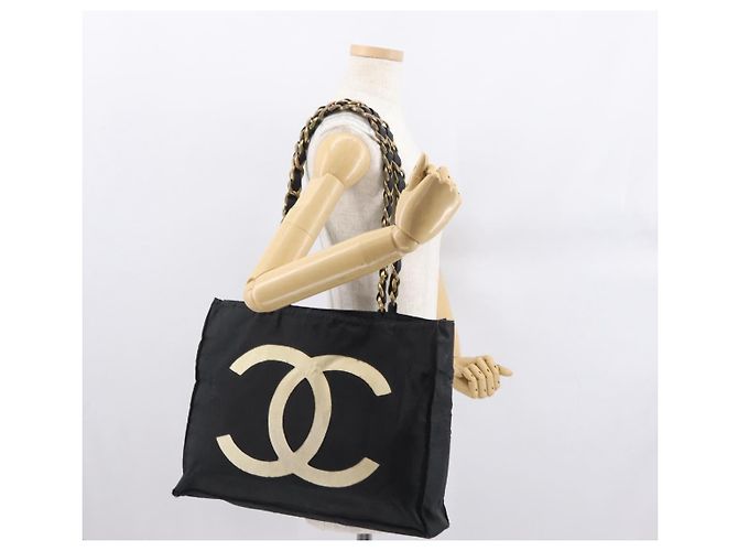 CHANEL COCO Borsa Tote a Catena Nylon Nero Oro CC Auth 165069 D'oro - vista 19