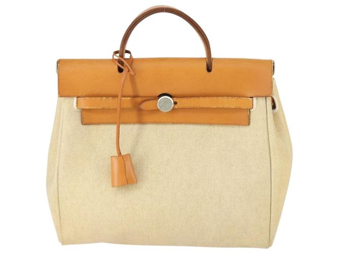 Hermès HERMES Herbag Ad PM Rucksack Canvas Leder 2in1 Beige Silber Auth 168408 - Ansicht 2