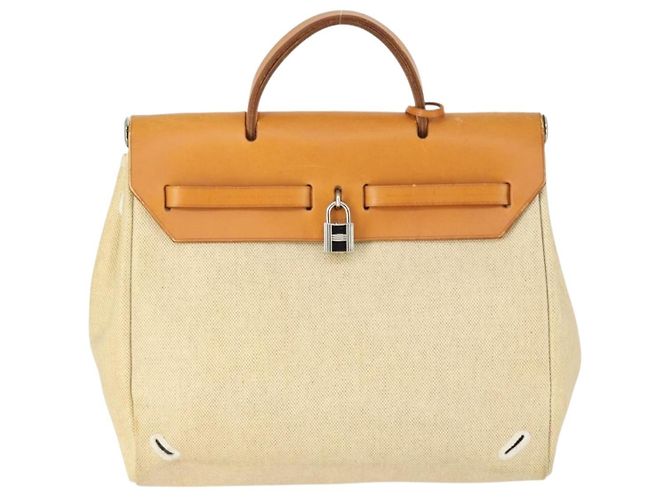 Hermès HERMES Herbag Ad PM Rucksack Canvas Leder 2in1 Beige Silber Auth 168408 - Ansicht 3