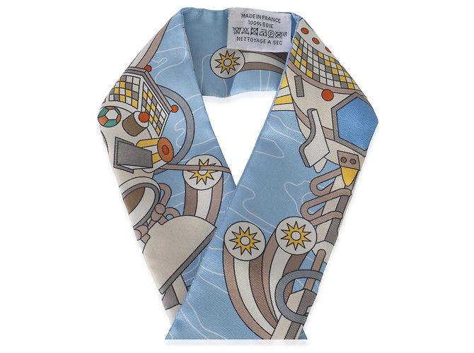 Twilly in seta Hermès Beige Blu Cielo Giallo Vivo Odyssey - vista 4