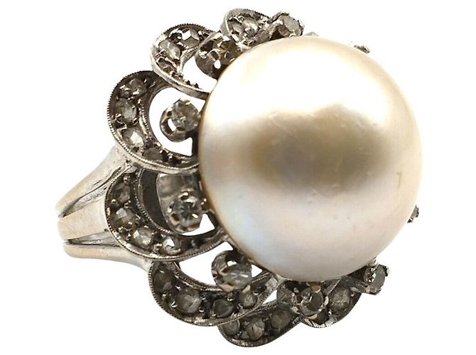 Autre Marque Anello in Oro Bianco con Diamanti e Perla - vista 3