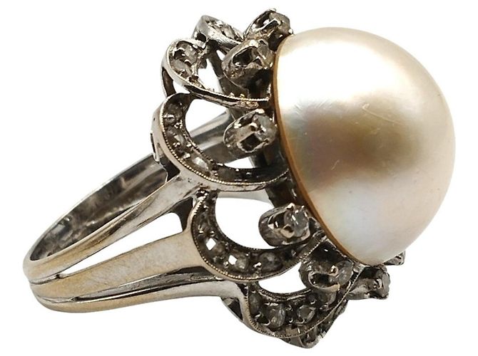 Autre Marque Anello in Oro Bianco con Diamanti e Perla - vista 5