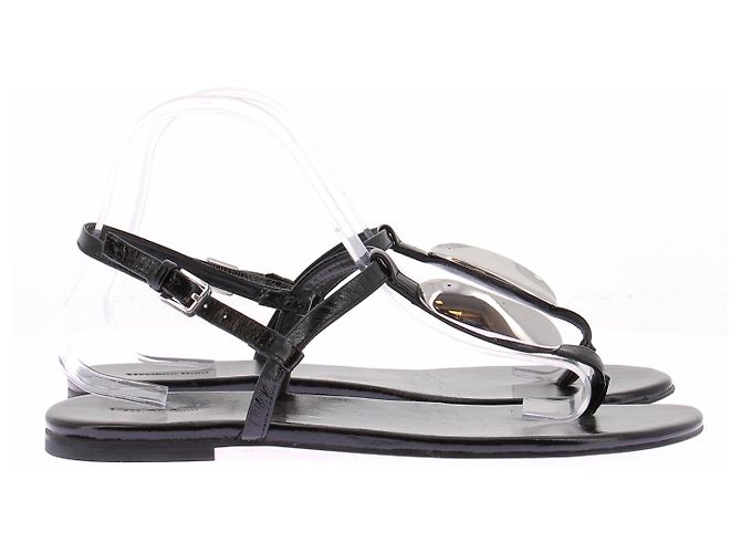 Massimo Dutti Sandali piatti neri in pelle con dettagli argentati Nero - vista 2