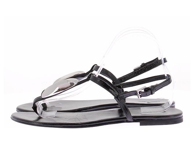 Massimo Dutti Sandali piatti neri in pelle con dettagli argentati Nero - vista 3