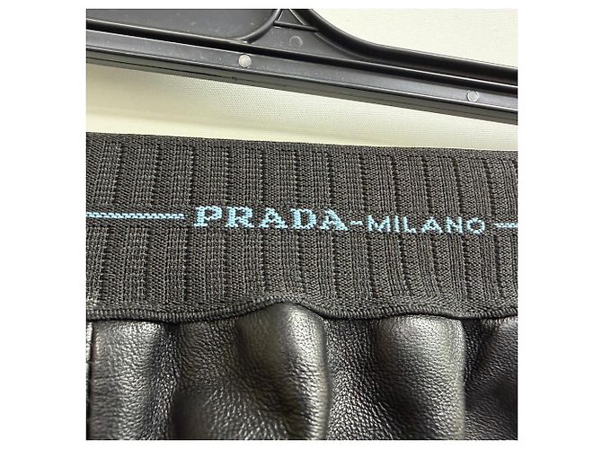 Calças largas com cordão em couro de cordeiro preto com painéis Prada - vista 3