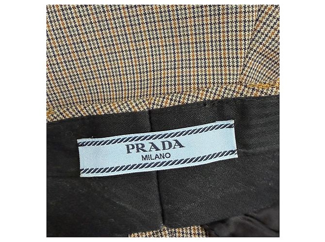 Prada Karierte, plissierte, weit geschnittene Hose aus brauner Wolle - Ansicht 3