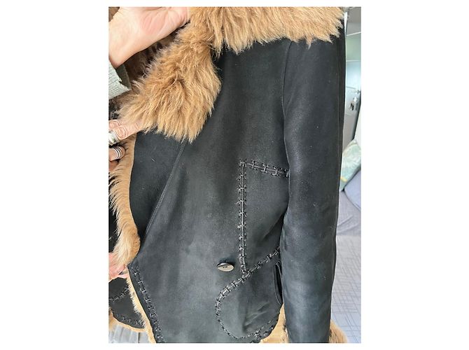 Autre Marque Chaqueta de cuero negro con cuello y puños de piel Castaño - vista 14