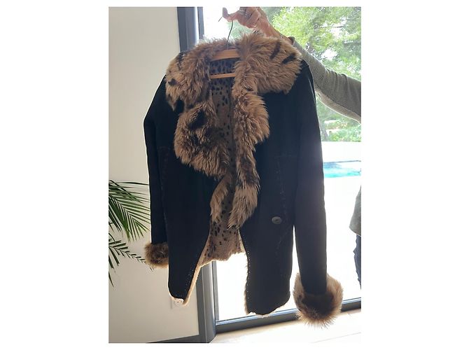 Autre Marque Chaqueta de cuero negro con cuello y puños de piel Castaño - vista 8