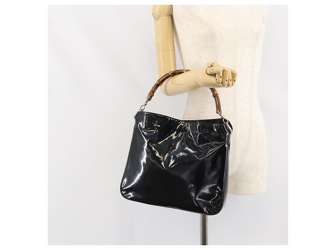 Bamboo Borsa a mano GUCCI in pelle verniciata nera e argento 001 2113 Auth ep13142 Nero - vista 21