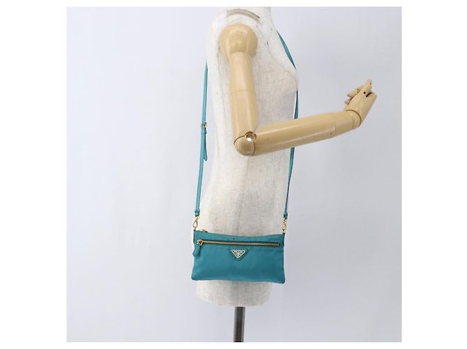 Borsa a Spalla PRADA Nylon Azzurro Chiaro Oro Auth 170291 D'oro Blu chiaro - vista 22